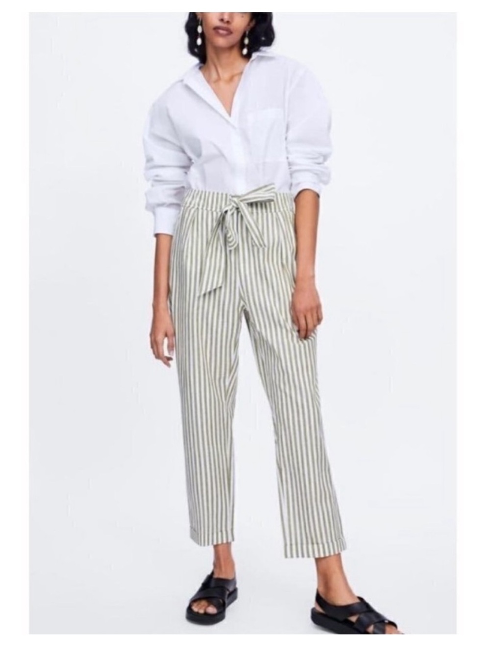 Zara Bow Tie Waist Green/White Striped Linen Pants